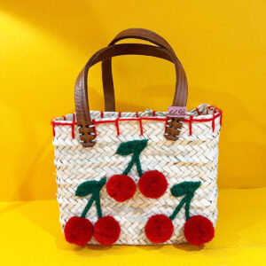 Panier paille brodé main  Motif cerises - Rectangulaire