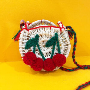 Panier paille brodé main  Motif cerises - Rond